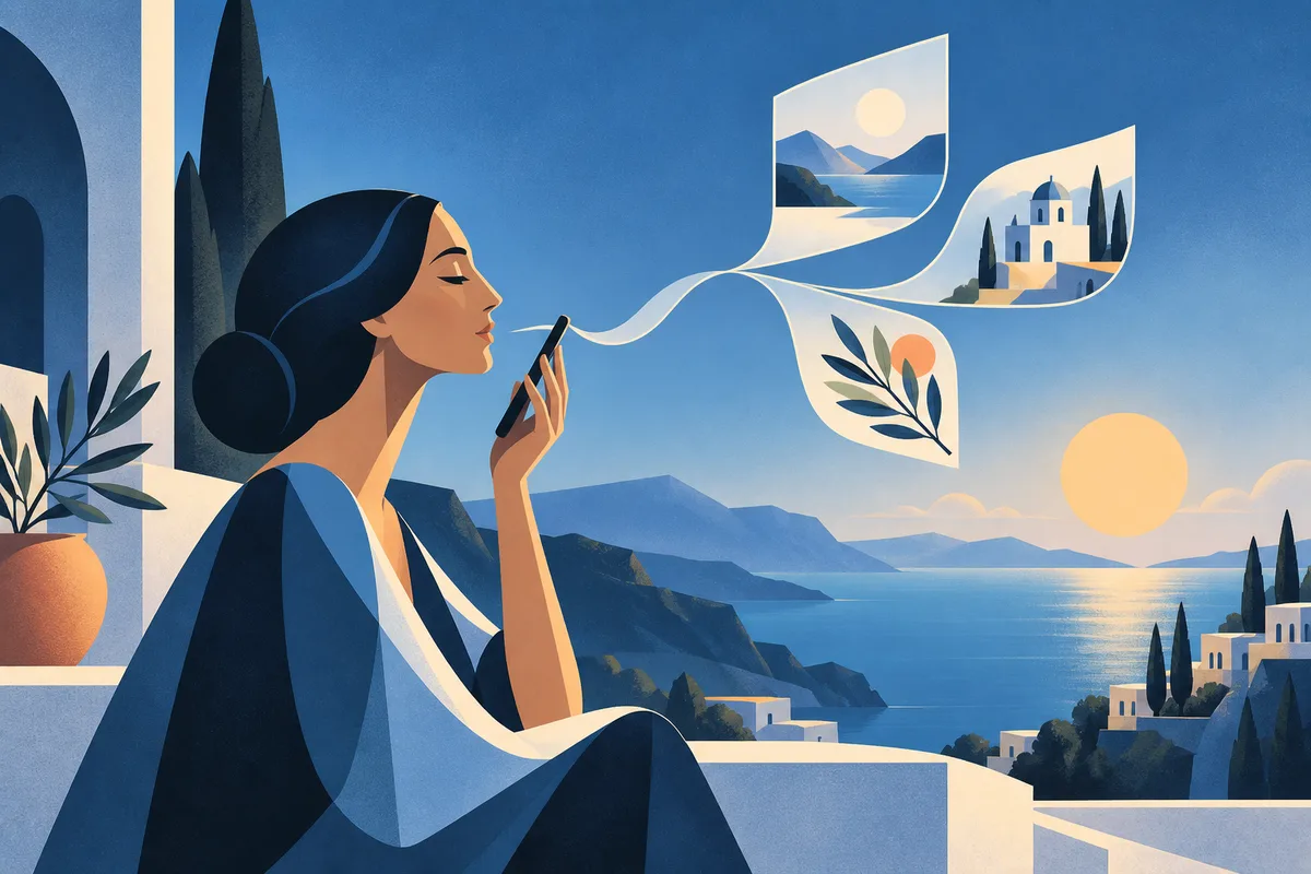 A woman speaks beside a blue coastal landscape; her voice becomes a few paper-like ideas.