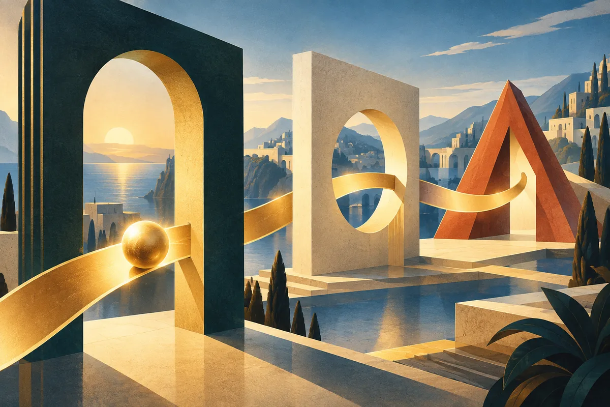 A golden ribbon carries one sphere through distinct geometric portals.