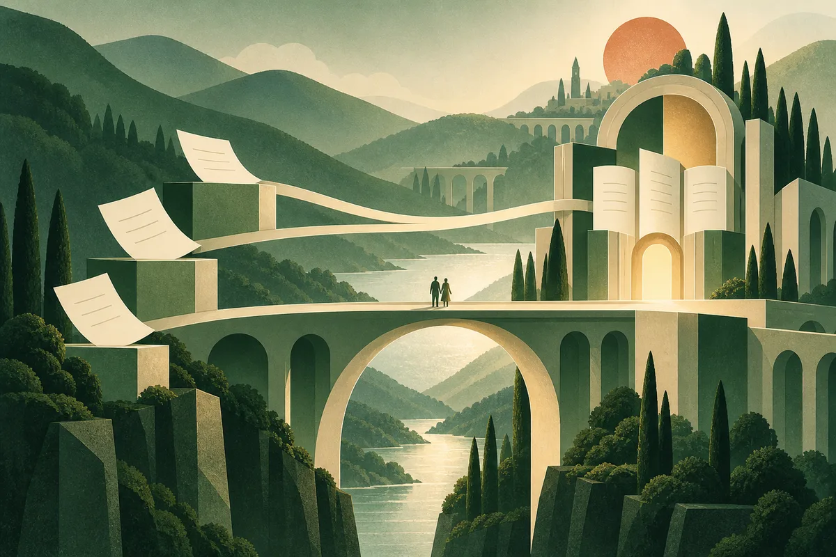 Paper-like sources join a sunlit architectural bridge across green hills.