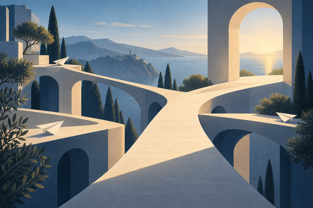 Branching stone terraces lead paper-like ideas toward a sunlit opening.