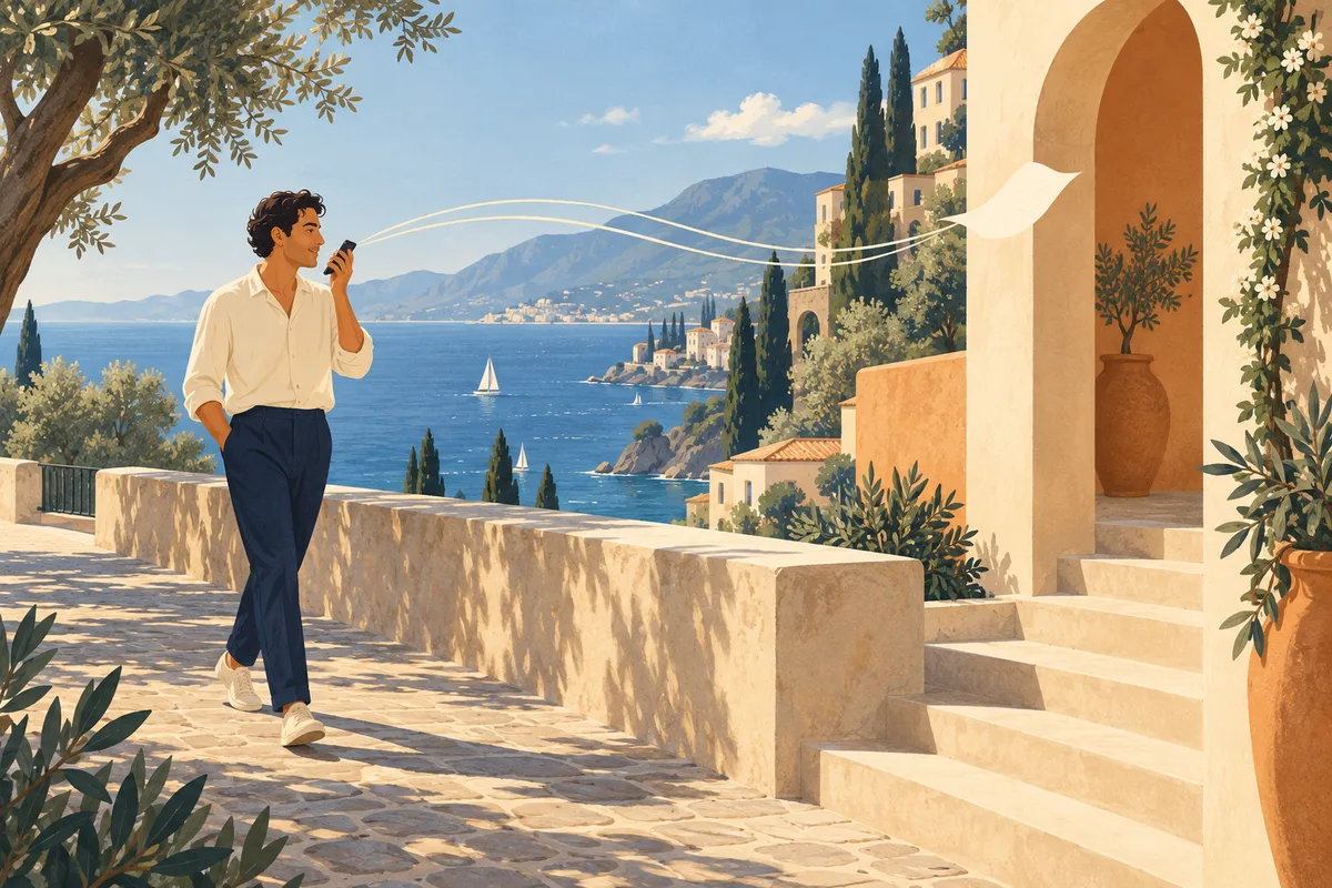 A man speaks into a phone while walking along a coastal promenade.