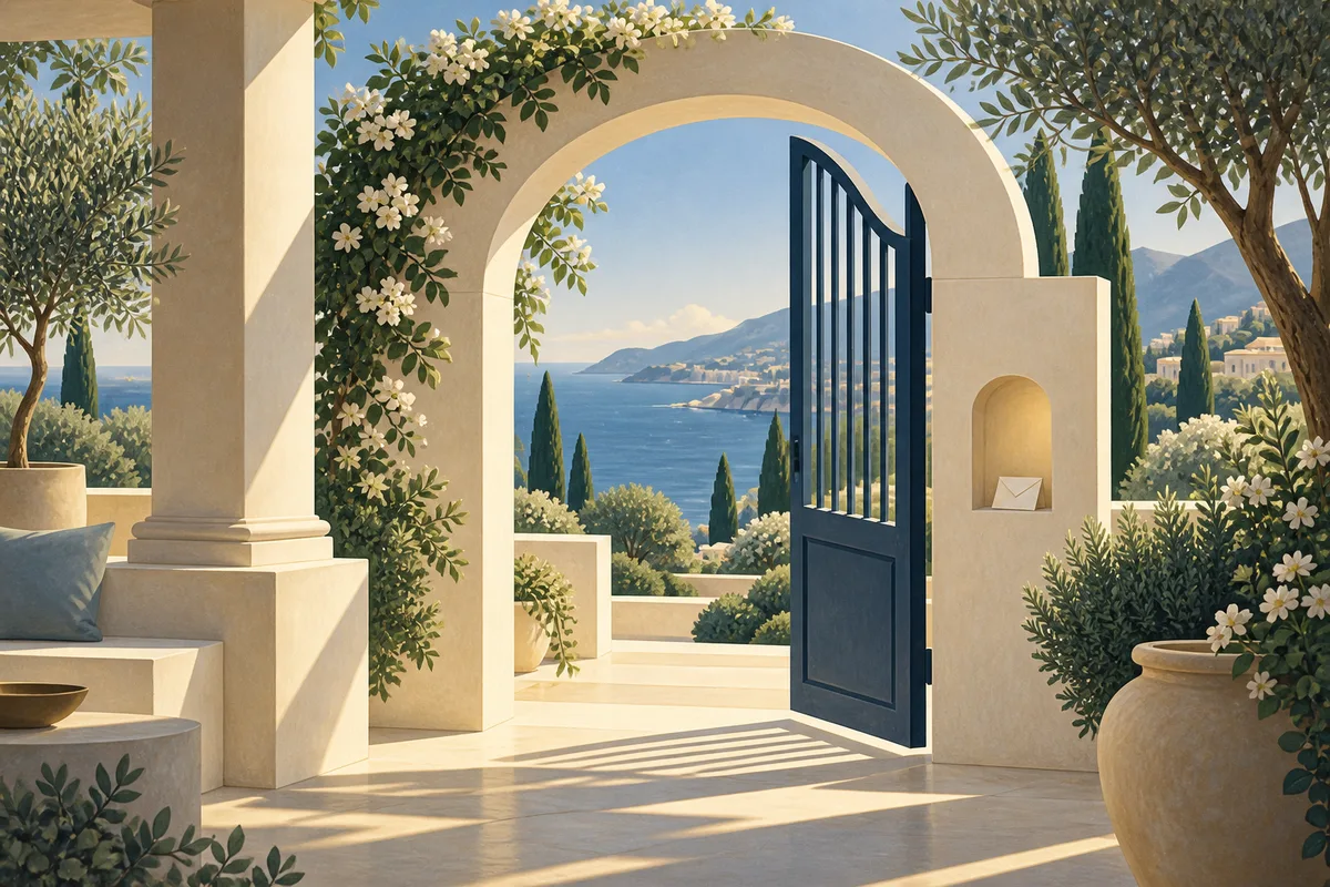A partly open garden gate frames the sea; a folded note rests in a sheltered niche.