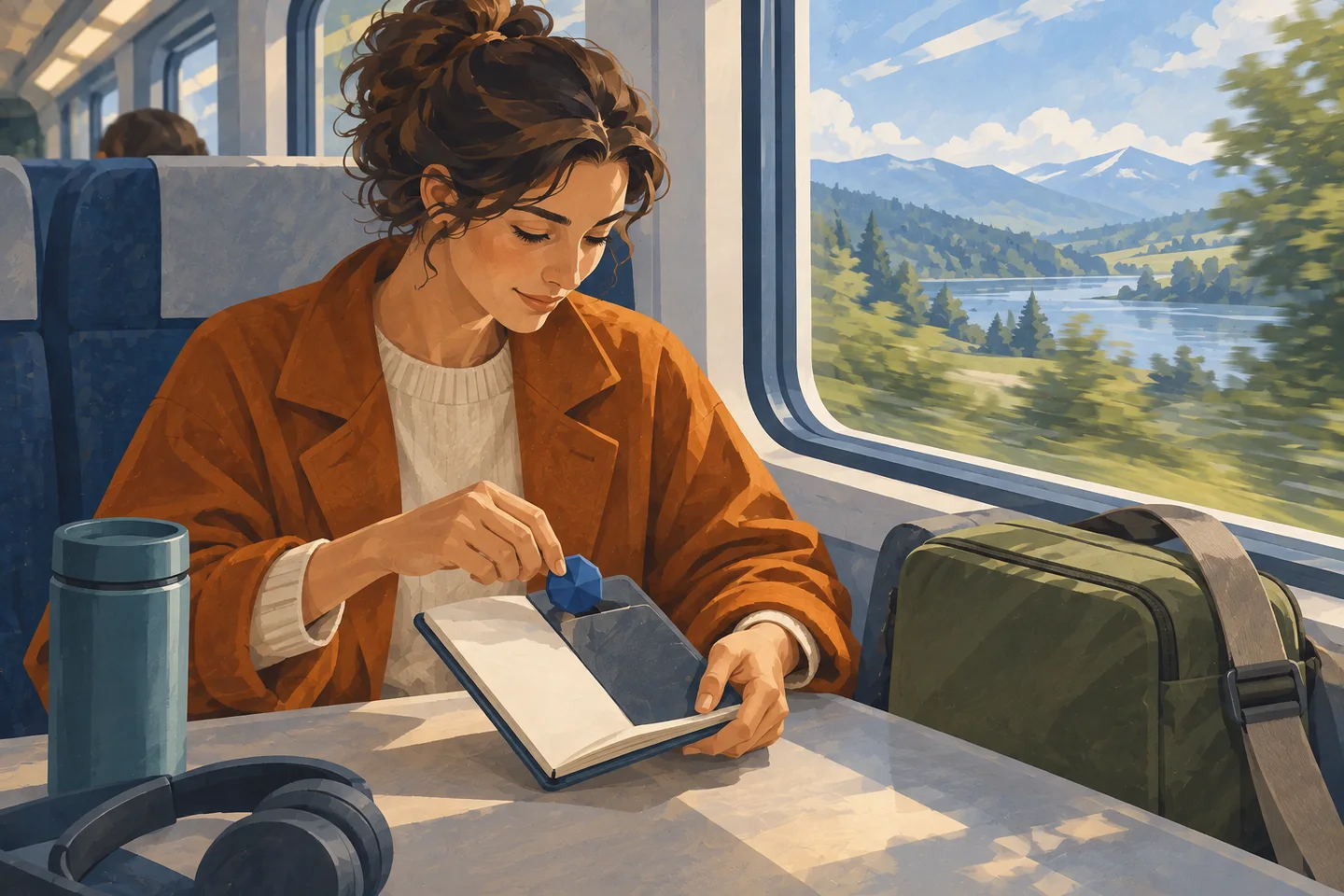 A traveller carries a small personal notebook into a new place.